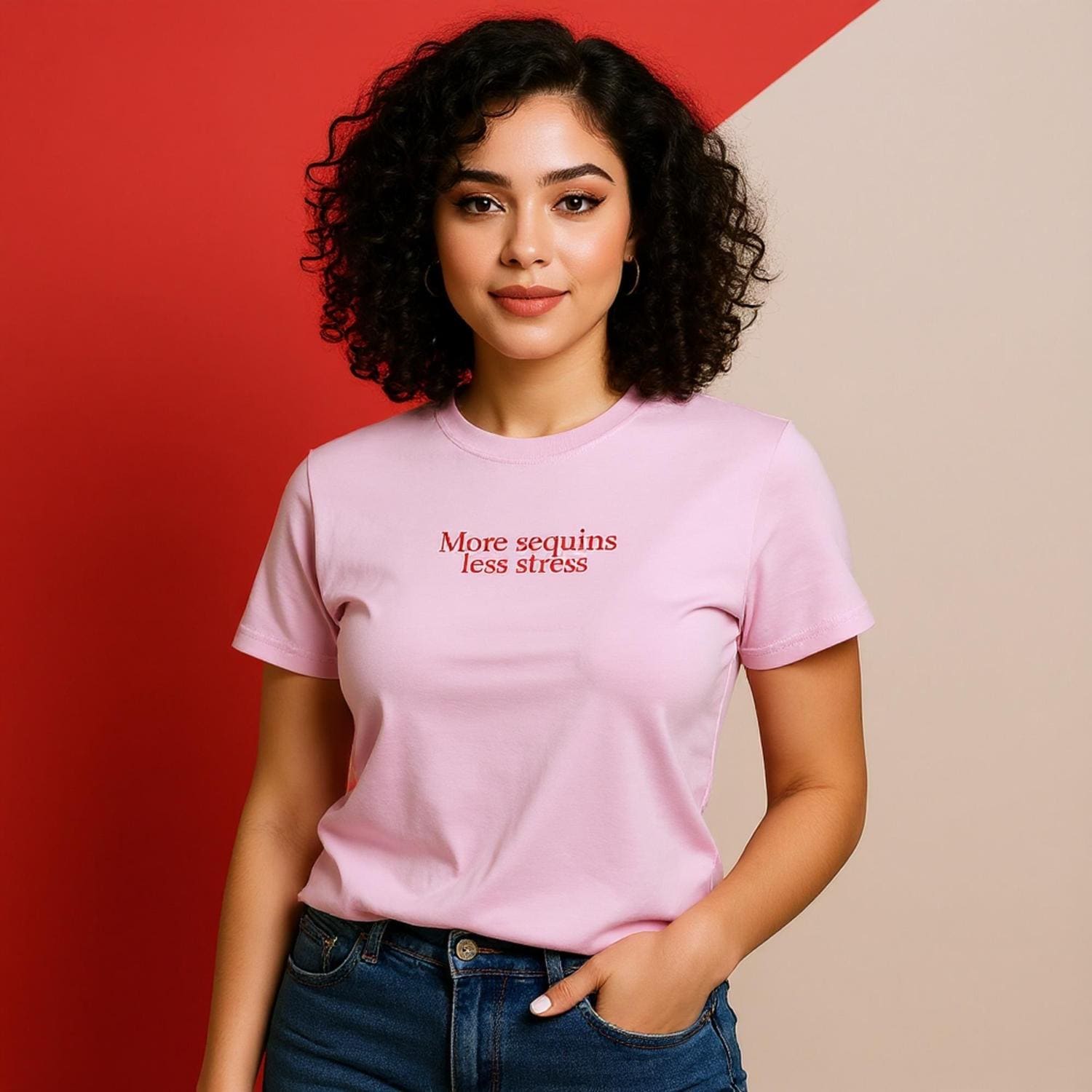 Oversized tričko s nápisem More Sequins Less Stress – udržitelný streetwear kousek