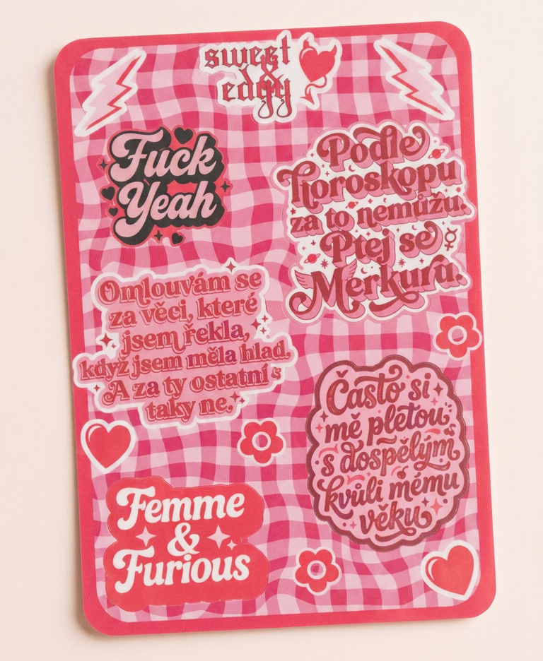 Samolepkový arch Femme & Furious – lesklé voděodolné samolepky pro drzé holky