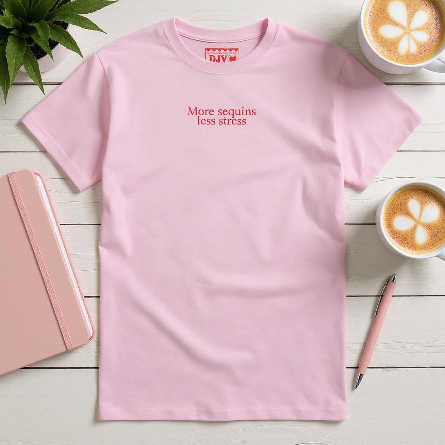 Oversized tričko s nápisem More Sequins Less Stress – udržitelný streetwear kousek